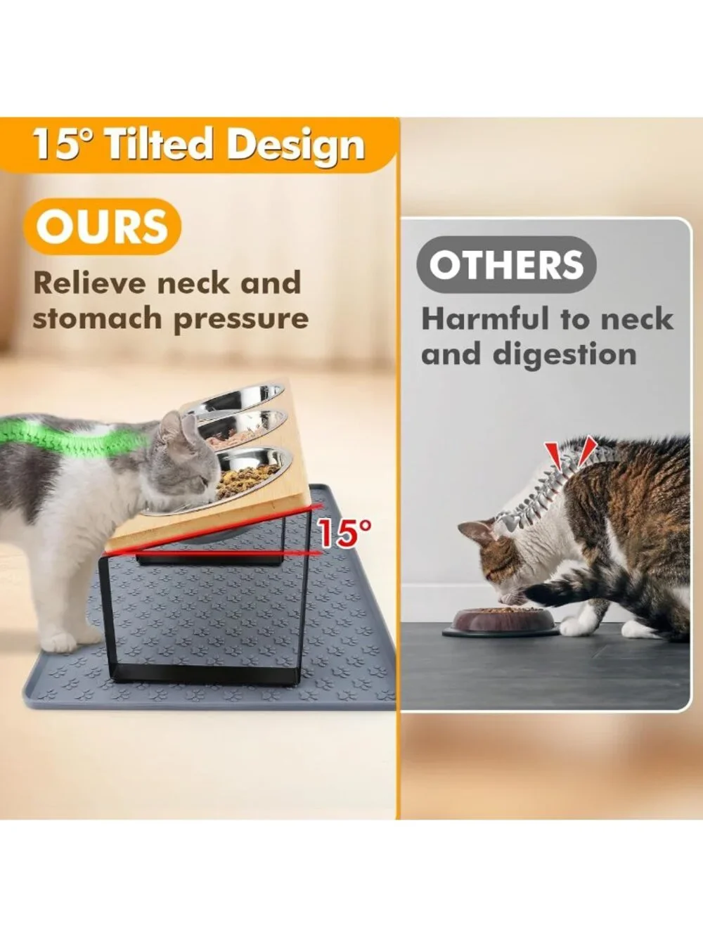 Elevated 15° Cat Bowls with Silicone Mat & 3 Stainless Steel Dishes